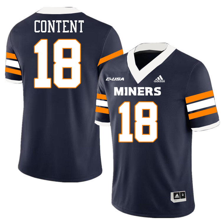 #18 Justin Content UTEP Jersey,UTEP Miners College Football Jersey,Uniforms-Navy